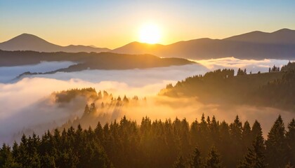 Golden sunrise bathes a tranquil mountain landscape with soft light and fog, highlighting the peak.