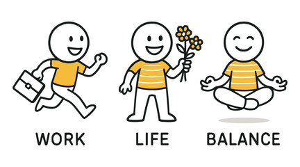 Cartoon Stick Figure Characters Representing Work Life Balance, Doodle Style Vector Illustration with Briefcase, Flowers, Meditation Pose
