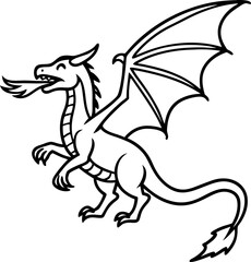 Fototapeta premium A cheerful cartoon dragon breathes fire with wings spread ready for flight in a simple line art style