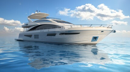 A sleek, modern yacht with a white hull and blue accents, floating on calm waters with a clear blue sky in the background.