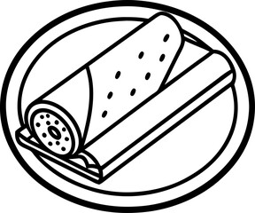 Black and white illustration depicting a delicious rolled shawarma or wrap food item served on a plate