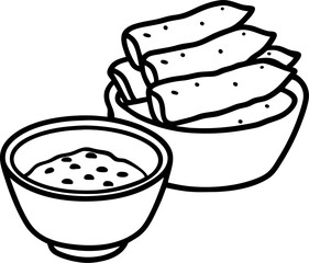Black and white illustration of a bowl of chips and a bowl of dip ready for a snack