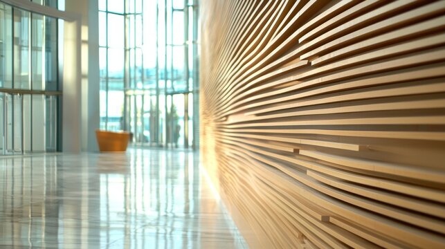 A modern, minimalist wooden wall with a sleek, reflective floor in a contemporary office space.