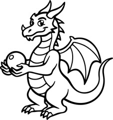 Fototapeta premium Cute cartoon dragon character holding a sphere with wings isolated on a white background vector illustration