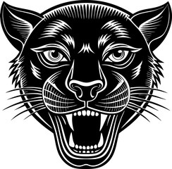 Powerful black panther illustration showcasing a ferocious and detailed face in bold black and white style ready to design.