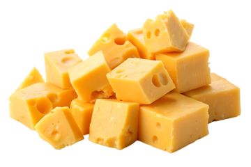 cheddar cheese heap pieces isolated on white background png, ai generated