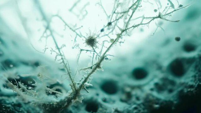 Close-up of fungal growth on organic surface creating intricate patterns in mystical atmospheric setting. concept of nature's complexity, microorganism structures, abstract forms.