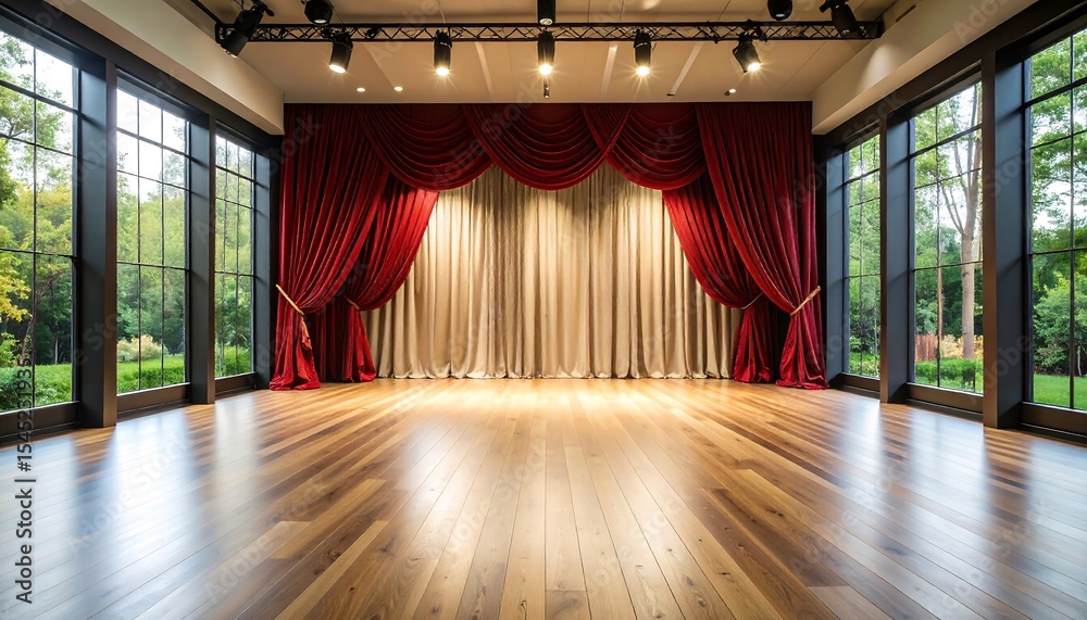 Poster empty stage with red and gold curtains.