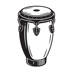 Simple vintage black and white art silhouette illustration of a conga drum musical instrument