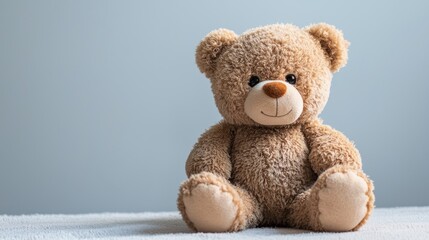 Obraz premium A brown teddy bear sitting on a blue blanket with a gray background.