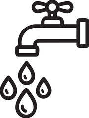 A metallic drinking water tap with water drops lineart vector illustration.