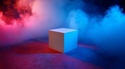 Single white cube in smoke and colorful lights for surreal minimal product abstract 3D presentation