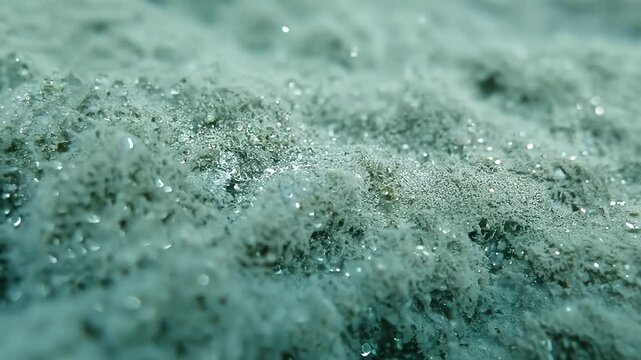 Close up of mold colony with spores and fuzzy hyphae structure on organic surface under laboratory light. Concept of fungal contamination, microbiological growth, decay, laboratory microbiology