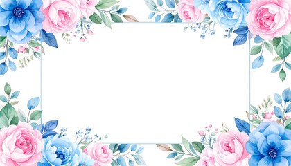 Floral frame with pink  blue flowers, and white space.