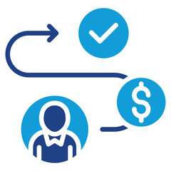 Obraz premium Process Flow - Dual Tone Blue Glyph Icon - Linear flow with people and currency represents business workflow or process optimization