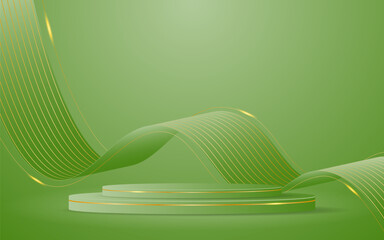 Green podium with elegant gold wave lines on the back for product presentation. Display of cosmetic products. Stage or podium. vector illustration	
