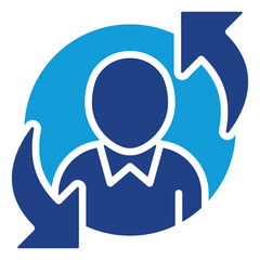Adaptive Thinking - Dual Tone Blue Glyph Icon - rotating arrow around a person, indicating agile thinking and adaptive business team
