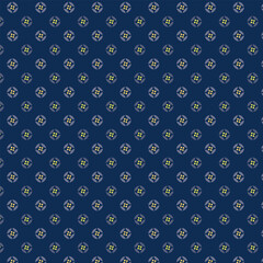 Small white flowers pattern doodle shapes motif continuous blue background. Modern floral fabric design textile swatch ladies dress, men's shirt all over print block.