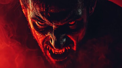 A menacing, demonic figure with red and black skin, sharp teeth, and a menacing expression, set against a dark, ominous red background with a red glow and smoke,