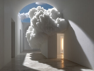 hallway with a large, fluffy cloud floating in the middle, blocking the view of the window at the far end. The hallway is otherwise empty and has a smooth, reflective floor.
