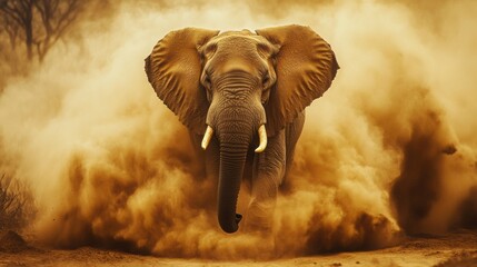 Elephant dust bathing in a cloud of earth and sunshine