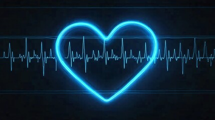 Naklejka premium neon-lit ECG line glowing in blue, forming the shape of a human heart against a dark background, symbolizing technology and life. [Electrocar diogram]:[Heart] neon ECG, blue glow, human heart 