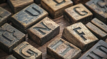 A wooden block with the letters U, N, G, L, and F on it, arranged in a random pattern on a wooden surface with a dark background.