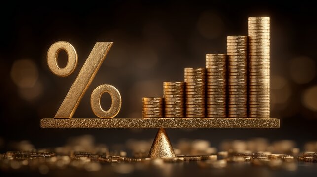 golden interest rate symbol balanced on scale with stacked coins symbolizing economic growth and financial stability in dark background