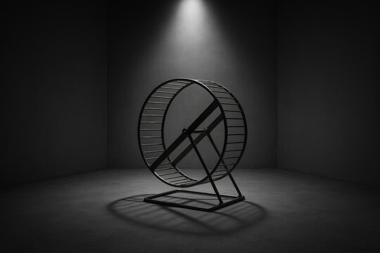 Empty Hamster Wheel Under Spotlight in Dark Room &ndash; Breaking Free from Routine Concept