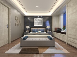 Mock up of an original bedroom with a stylish comfortable bed and a fashionable decorative background, 3D rendering.