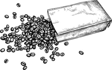 Coffee beans spilled from the bag ink sketch.