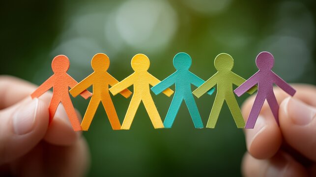 Row of colorful paper human figures held between hands symbolizing unity, equality, diversity, friendship and inclusivity on green background