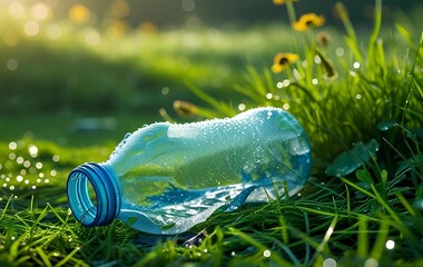 A transparent plastic bottle lying on green grass