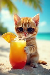 Tiny kitten in shades, sipping tropical drink on beach , ocean, summer