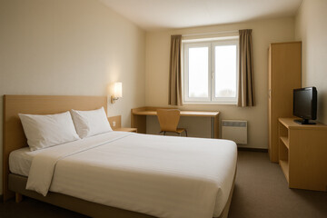 A television is playing in a hotel room with a bed.