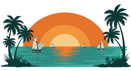 Obraz premium Sailing boats at sunset with tropical palm trees and vibrant orange sun