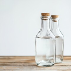Glass bottles with corks on wooden table