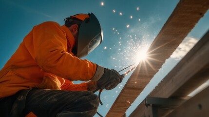 A welder expertly performs tasks outdoors in a bright orange jacket and protective mask, surrounded by a tidy worksite and shining sunlight, highlighting his focused demeanor