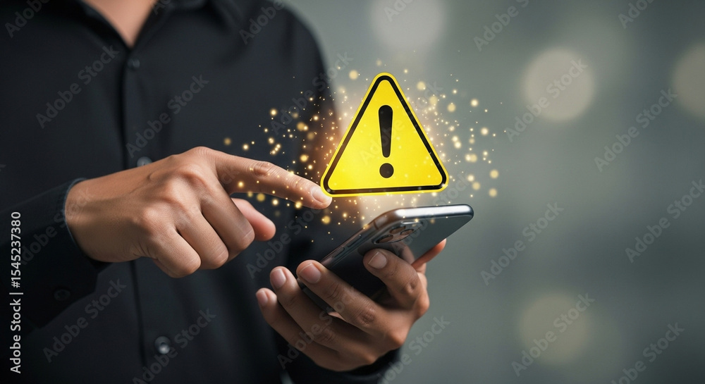 Poster person interacting with a smartphone displaying a yellow warning sign with exclamation mark icon