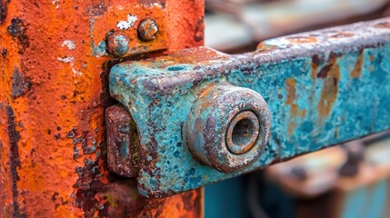 A close-up of a rusty metal surface with a blue and red bolt, set against a background of rusted metal and a blue sky.