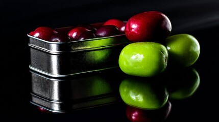 Green and red cherries in metal tray over black background for food contrast fruit freshness product photography