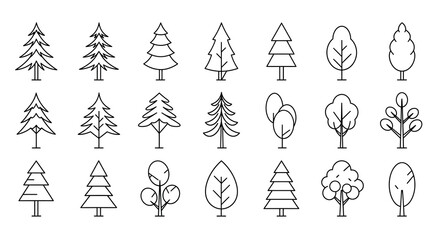 Collection of minimalist tree line art icons for environmental design projects