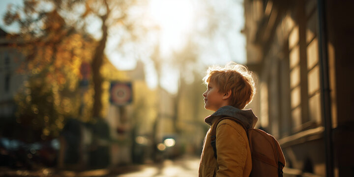 boy with a backpack on the street - Powered by Adobe