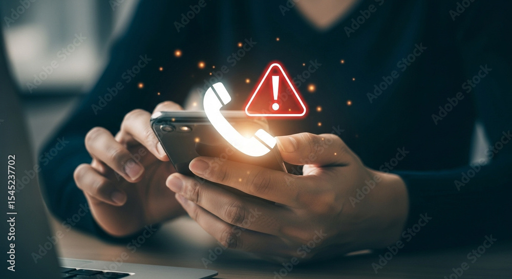 Poster person holding phone with a call icon and an exclamation point triangle overlayed on the screen