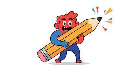 Cartoon character enjoying creativity with giant pencil for art and design inspirations