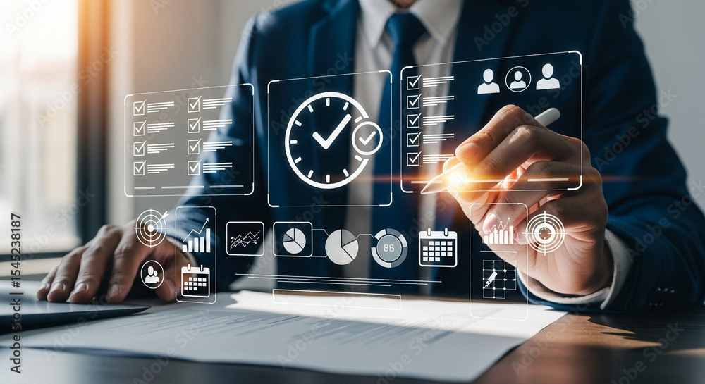 Aufkleber businessman interacting with digital interface showing task management and productivity tools