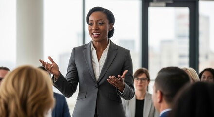 Black female CEO delivers an inspiring motivational speech to an engaged audience in a modern conference room
