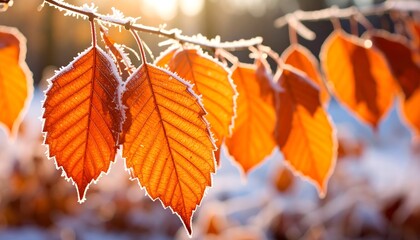 Frosted orange leaves in sunlight.