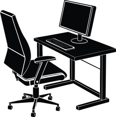 Remote work vector silhouette illustration Ergonomic Setup with Adjustable Chair and Monitor