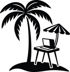 Remote work vector silhouette illustration Beachside Workstation with Laptop and Palm Trees